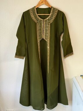 Embroidered Olive Green Long Tunic Dress Salwar Size M/L Traditional Wear Femme